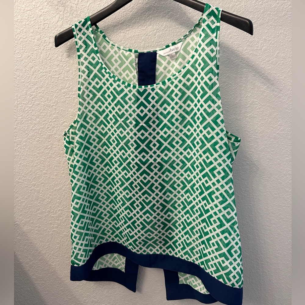 Charming Charlie Green and White Geometric Tank with Navy Trim